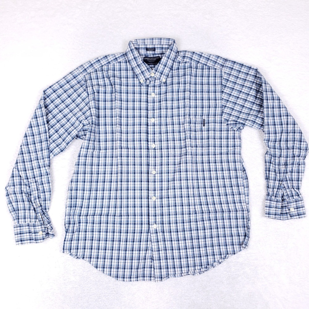 American Eagle Mens Blue White Indigo Plaid Button Down Shirt Size M Cotton